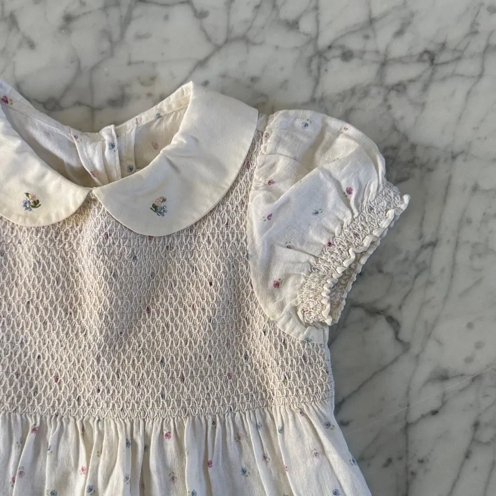 Gymboree Smocked Baby Dress Cottagecore Linen Floral Summer Sz 24 Months